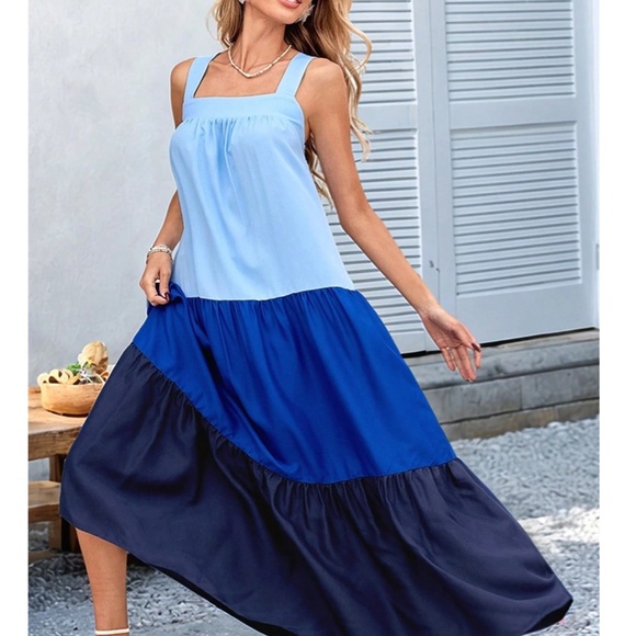 Boho Blue Color Block Ruffle Hem Maxi Dress - Picture 5 of 5